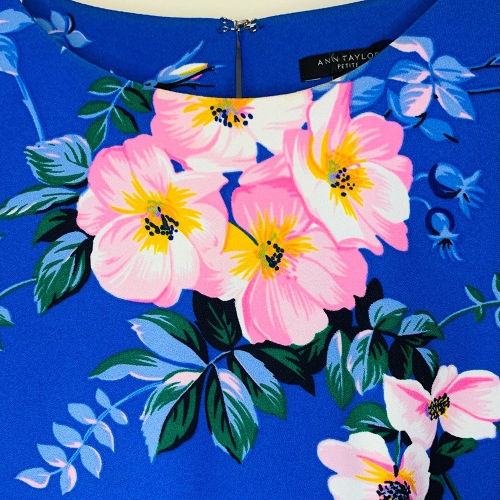 Ann Taylor Poppy Lantern Sleeve Floral Shift Dress In Seashore Blue SZ 0P! - Picture 9 of 12